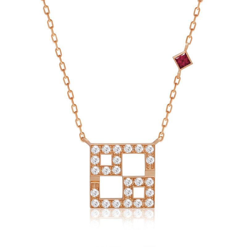 Cancer horoscope necklace from Yataghan Jewellery with red gemstone square pendant, rose-gold chain and shimmering crystal accents.