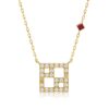 Gold-tone Horoscope Necklace (Cancer) by Yataghan Jewellery with red gemstone detail and square geometric pendant set with white stones