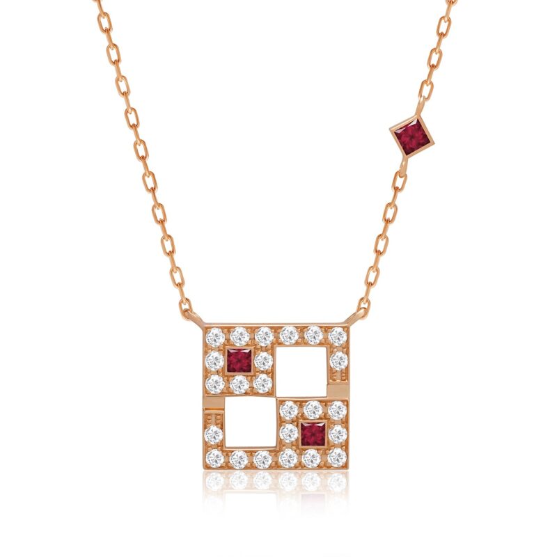Red and gold horoscope necklace with a square-cut garnet-style center and white round stones, labeled Cancer.