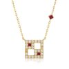Golden chain horoscope necklace for Cancer zodiac, with burgundy-red gemstone squares and clear stones in a gold geometric setting by Yataghan Jewellery.