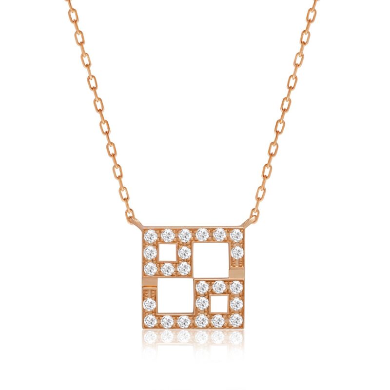 Rose gold Horoscope Necklace (Cancer) with a square pendant set in round clear stones, on a delicate chain with a radiant finish.
