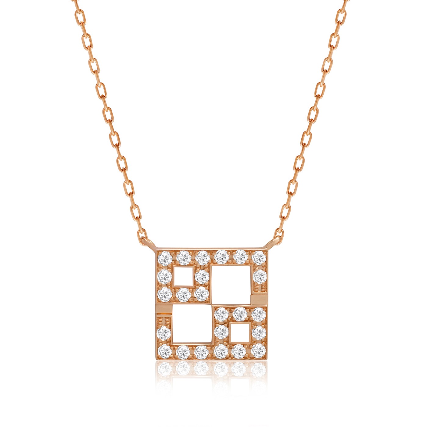 Rose gold Horoscope Necklace (Cancer) with a square pendant set in round clear stones, on a delicate chain with a radiant finish.