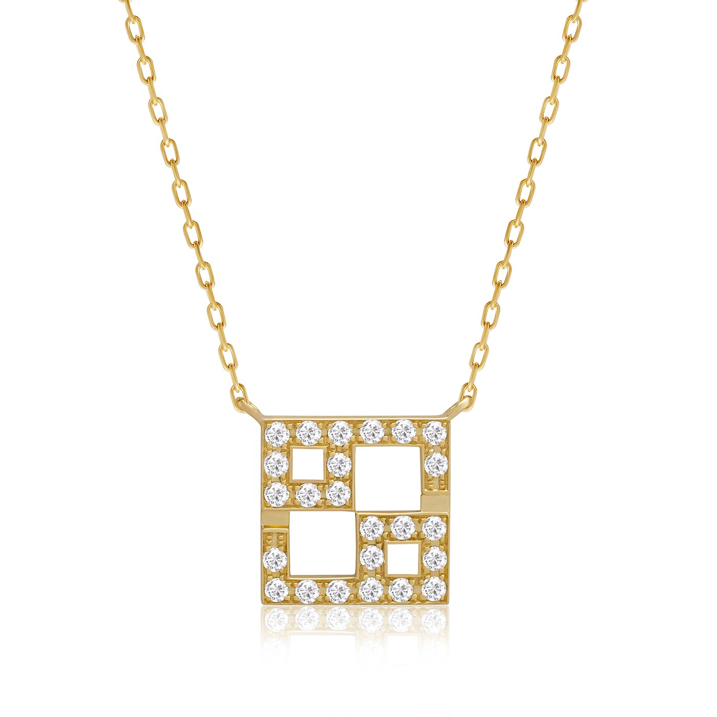 Gold horoscope necklace for Cancer with a square geometric pendant set in cubic zirconia, finished with a linked chain from Yataghan Jewellery