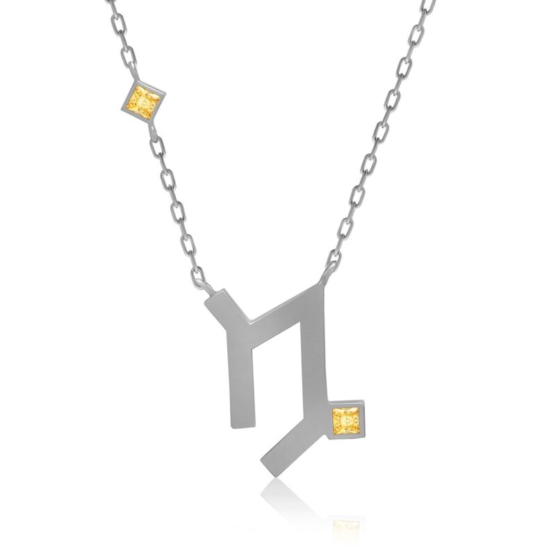 Silver-tone Capricorn horoscope necklace with square citrine-yellow stones, linked chain and bold zodiac pendant detail for a refined look.