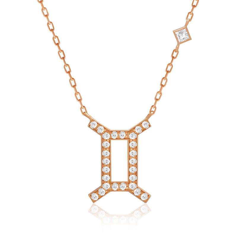 Rose-gold horoscope necklace with the Gemini pendant, set with white stones and a sparkling rectangular frame on a chain.