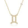 Gold Gemini horoscope necklace with a geometric pendant outlined in white stones, shown with a fine chain and sparkling square setting.