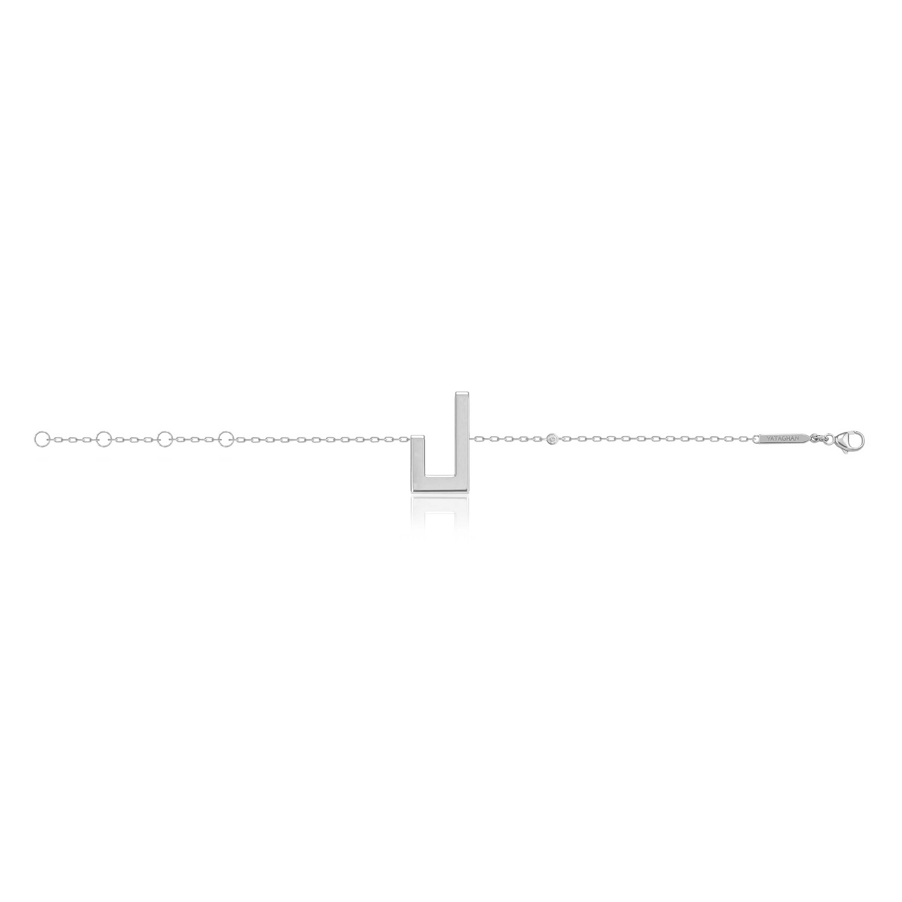 Delicate Harfi Laam Bracelet by Yataghan Jewellery, shown as a slim linked chain with a central geometric U-shaped pendant.