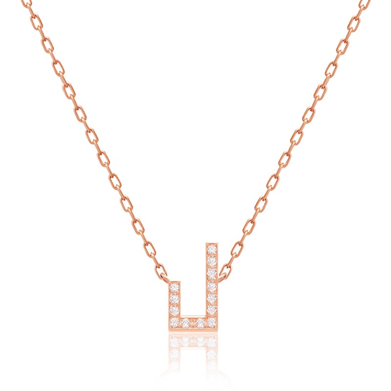 Rose gold Harfi Laam Necklace with a geometric pendant set with sparkling stones on a delicate linked chain
