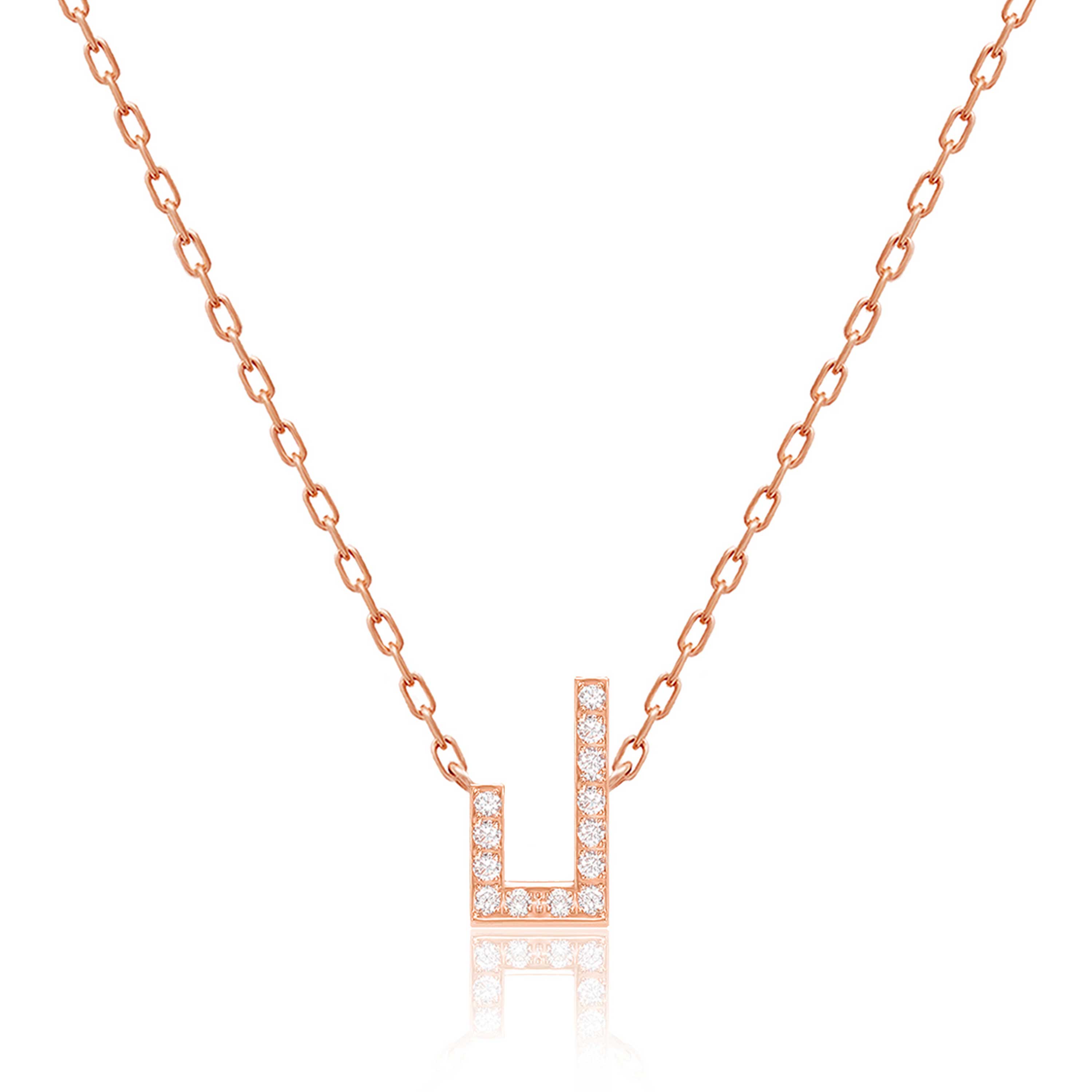 Rose gold Harfi Laam Necklace with a geometric pendant set with sparkling stones on a delicate linked chain
