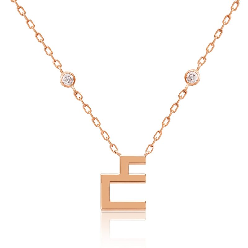 Rose-gold Harfi Ain Necklace with E-shaped pendant and round clear stones, a fine chain design by Yataghan Jewellery for every occasion sparkling details.