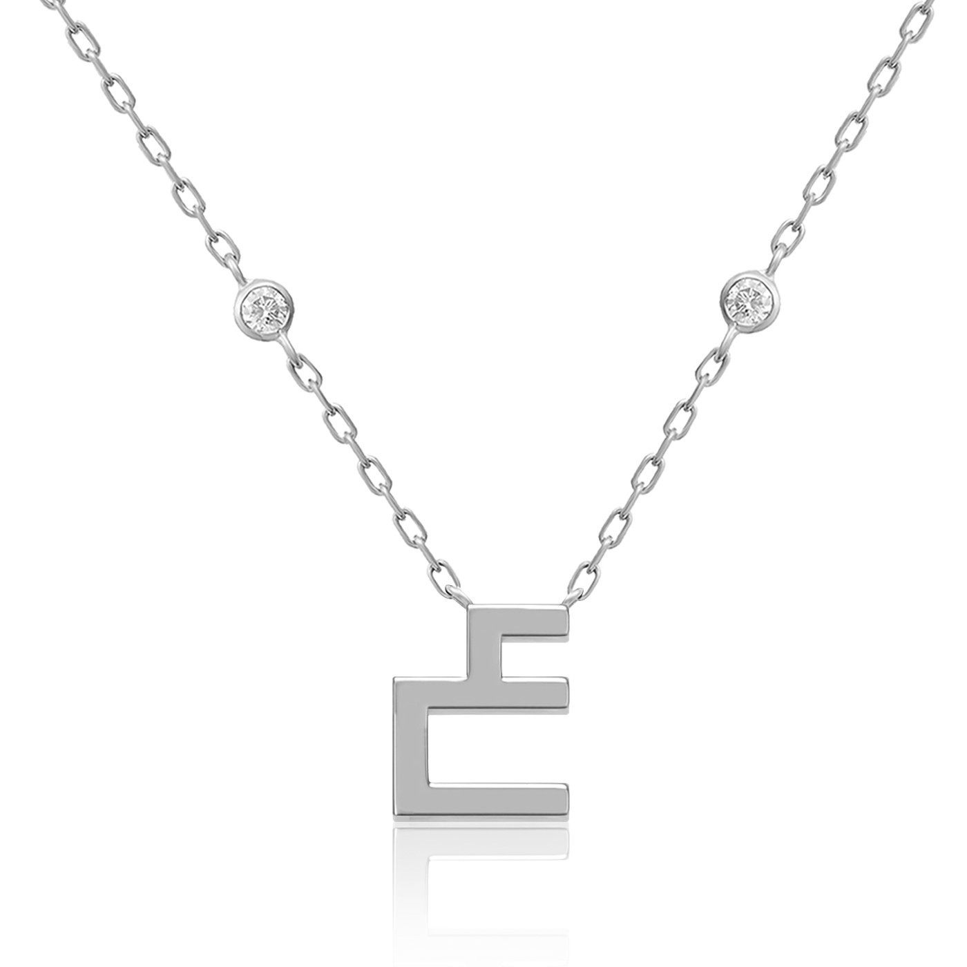 Elegant Harfi Ain Necklace with silver-tone chain, round stones at the sides, and a bold E-shaped pendant for timeless jewelry styling.