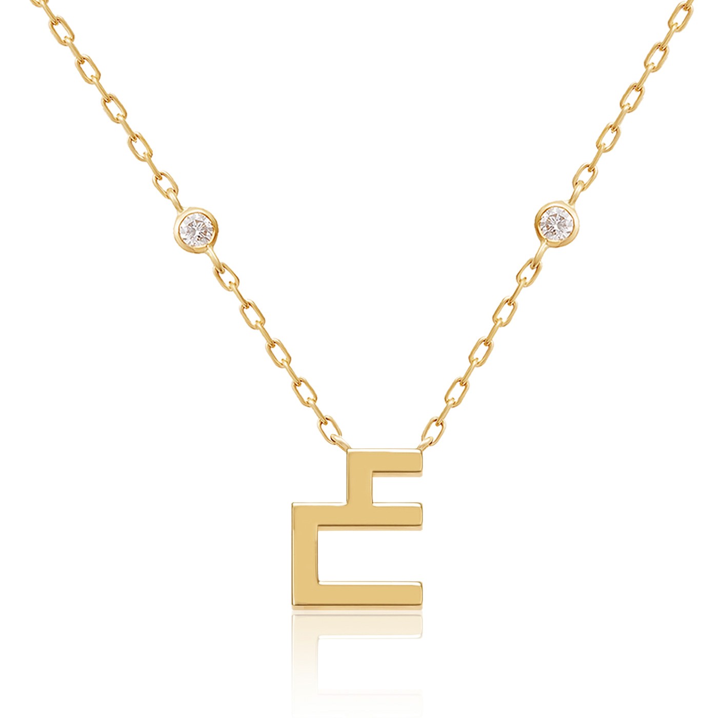 Elegant Harfi Ain Necklace by Yataghan Jewellery in gold with a bold letter pendant and round stone accents on a fine chain