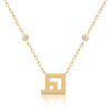 Harfi Haa Necklace by Yataghan Jewellery with gold chain and Arabic Haa letter pendant, bright round crystal details at both ends.