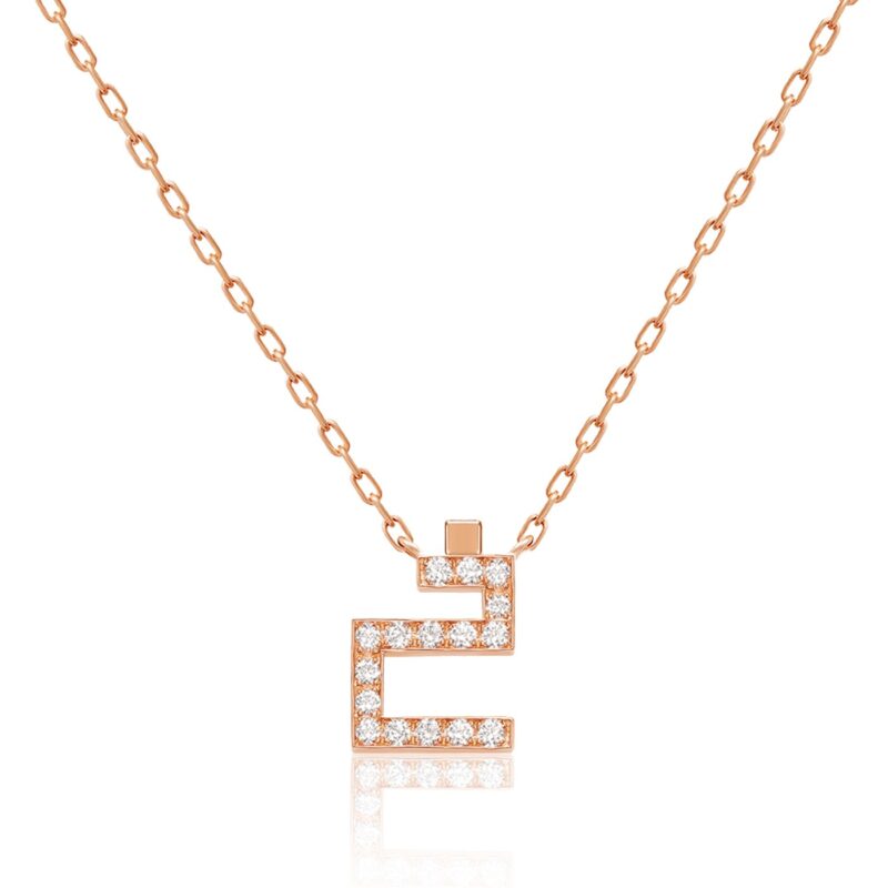 Elegant Harfi Kha Necklace in rose gold with gemstone pavé set Arabic kha pendant on a fine chain, reflecting timeless Yataghan style.