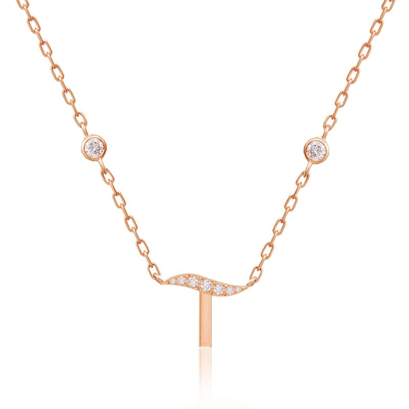 Rose gold chain links and sparkling stones form the Harfi Aleph (Madda) necklace design with a letter-like centerpiece.