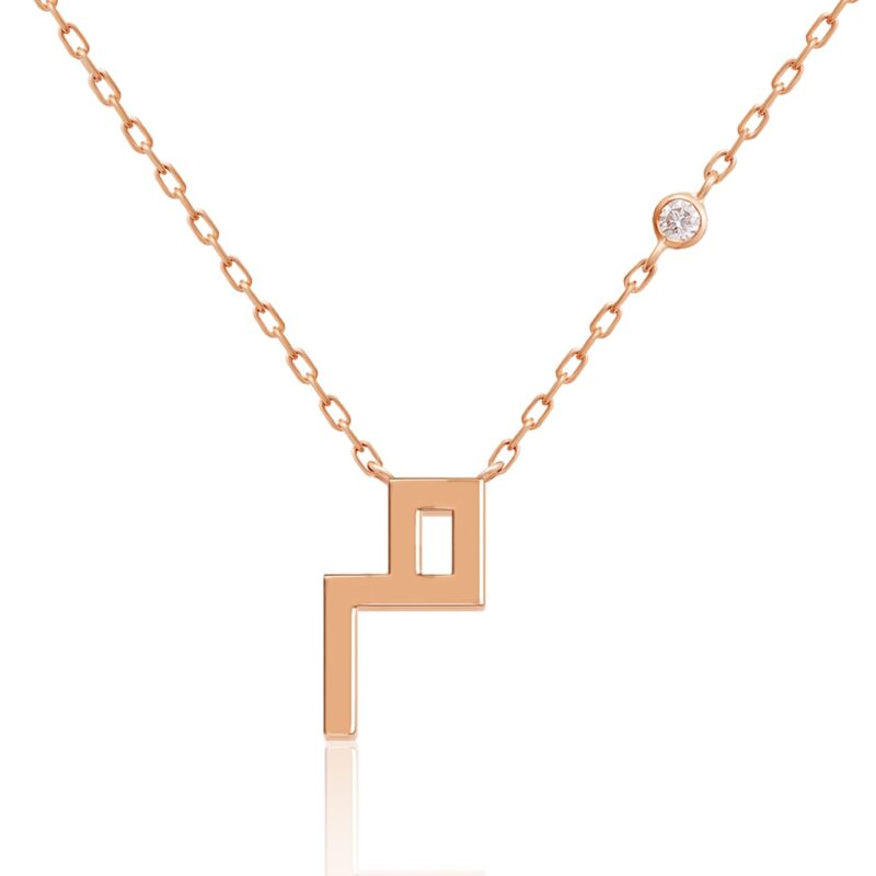 Harfi Meem Necklace by Yataghan Jewellery in rose gold with a circular stone and a polished letter pendant on a linked chain.