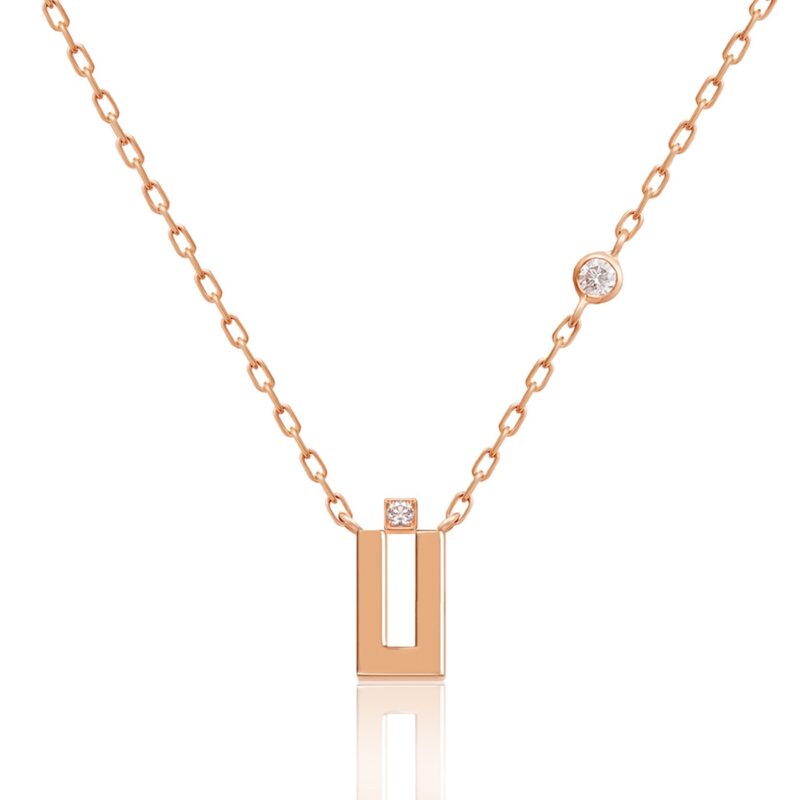 Rose gold Harfi Noon Necklace by Yataghan Jewellery with square and round stones, linked chain and a refined geometric pendant.