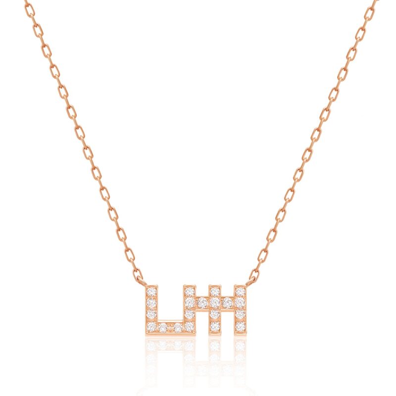 Rose-gold Harfi Seen Necklace with pavé stones forming an elegant Seen letter, designed by Yataghan Jewellery.