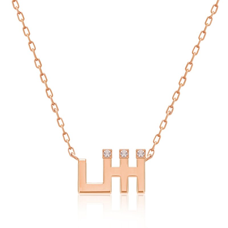 Harfi Sheen Necklace by Yataghan Jewellery with rose-gold chain and bold H-shaped pendant, set with square stones and a polished finish.