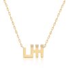 Gold Harfi Sheen Necklace chain with a bold H-like pendant and three sparkling gemstones, crafted by Yataghan Jewellery