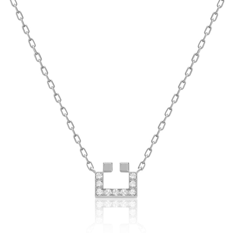 Silver Harfi Ta Necklace with a square geometric pendant, sparkling stones and a fine chain, creating timeless elegance at Yataghan Jewellery.