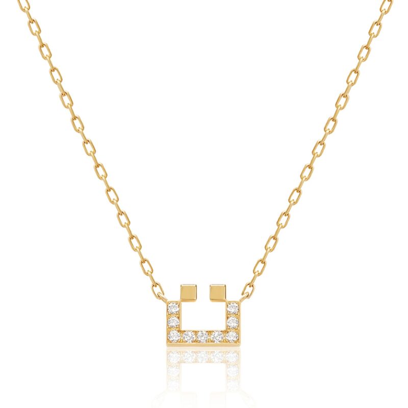Gold Harfi Ta Necklace with a square pendant border and small diamond-like stones, on a linked chain for timeless elegance.