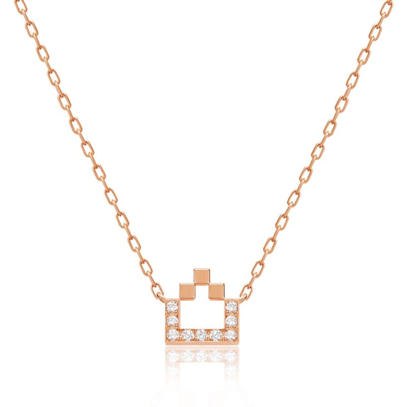 Rose-gold geometric Harfi Tha Necklace by Yataghan Jewellery with square pendant details and sparkling accents along the chain.
