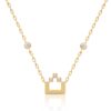 Gold chain necklace with Harfi Tha Necklace pendant in square geometric design and sparkling stones, by Yataghan Jewellery.