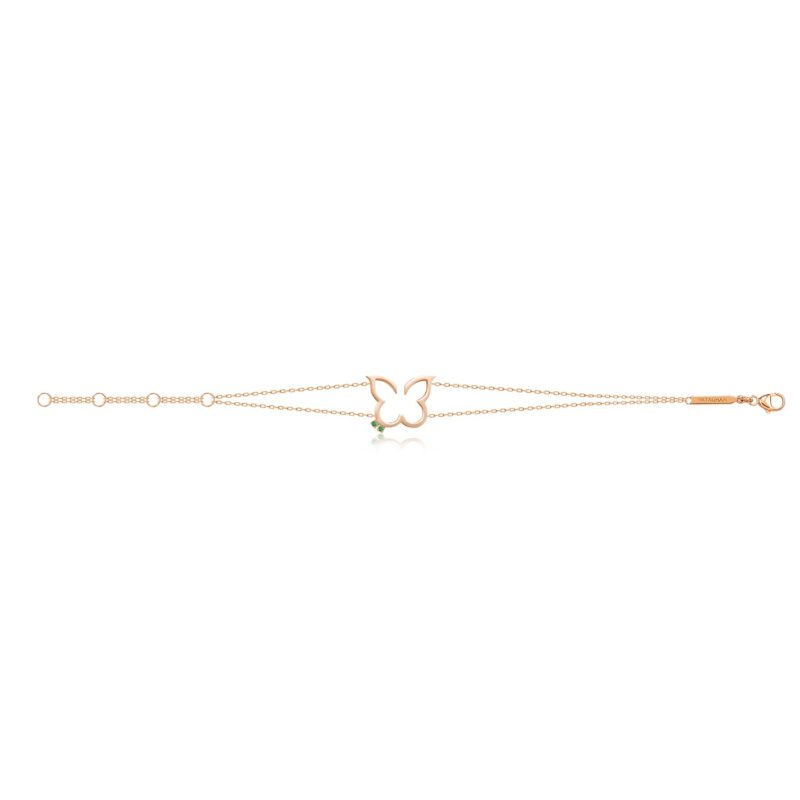 Graceful Hurriyah Bracelet from Yataghan Jewellery with rose-gold chain and a green stone butterfly charm on a sleek link band.