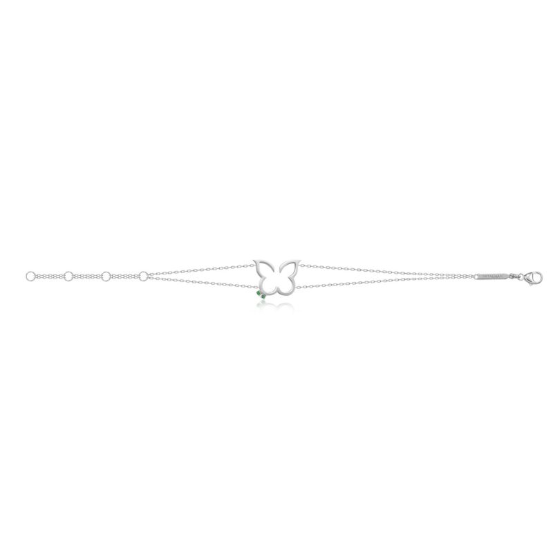 Elegant Hurriyah Bracelet in green tones with a delicate butterfly motif, silver-toned chain, and small green gemstone details.