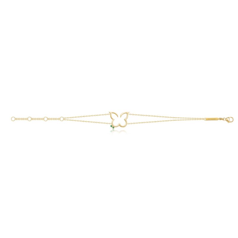 Hurriyah Bracelet in gold tone with green stone accents and a butterfly motif chain, from Yataghan Jewellery.