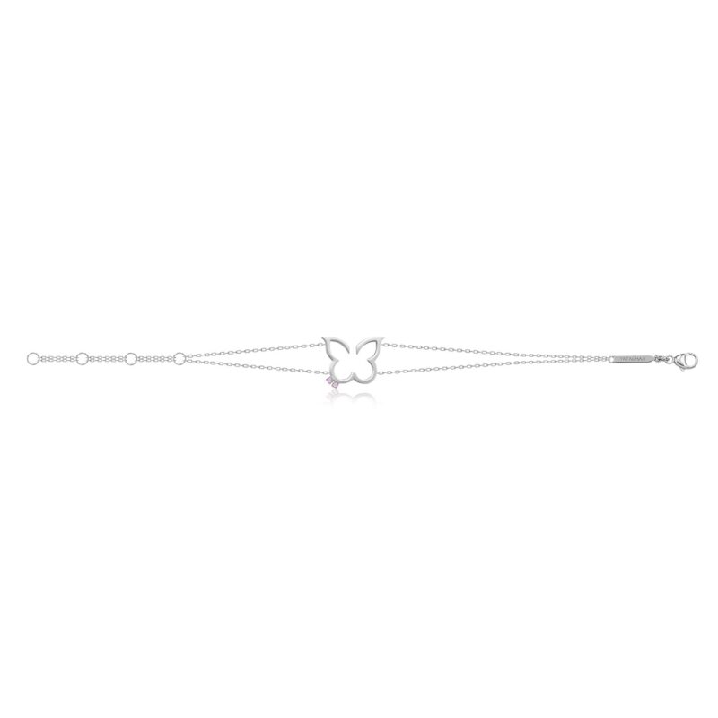 Elegant Hurriyah Bracelet by Yataghan Jewellery in silver with a pink stone butterfly charm and delicate chain details.