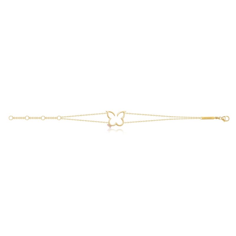 Hurriyah Bracelet by Yataghan Jewellery with a gold chain and delicate pink stone charm detail, finished with the Yataghan logo tag.