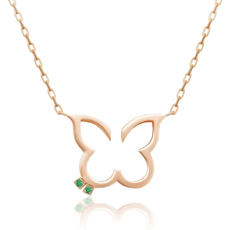 Rosegold Hurriyah necklace with an elegant H-shaped pendant and green stones, linked chain with a refined polished finish.