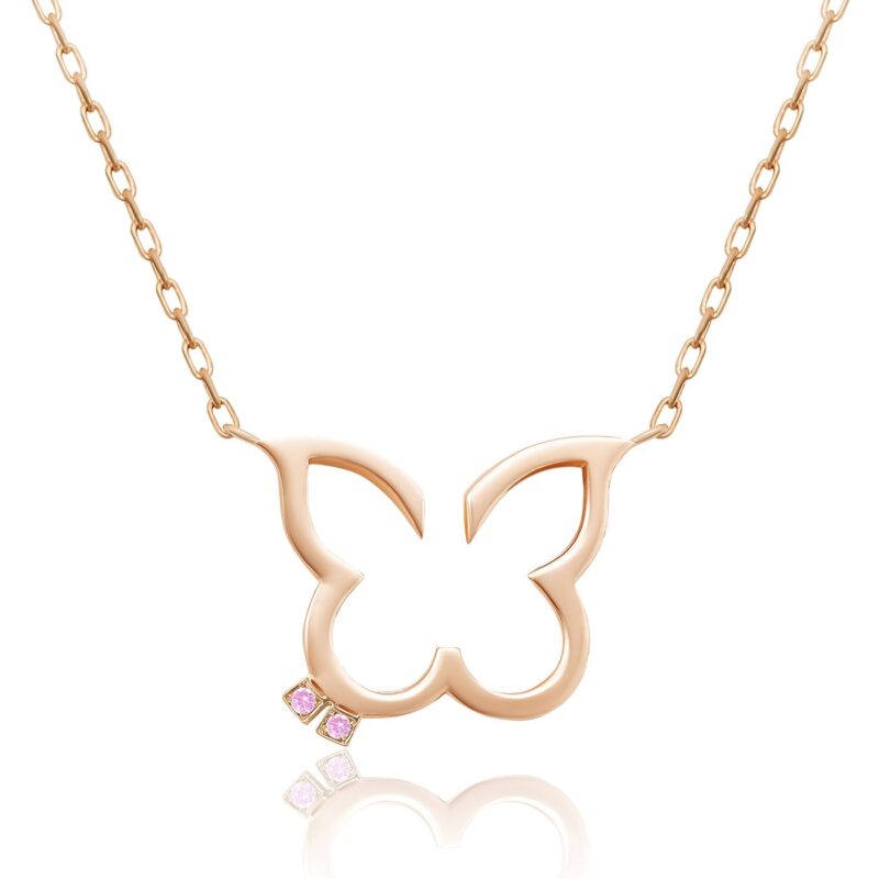 Elegant Hurriyah Necklace with rose gold links and a central heart-like pendant set with pink stones, polished and luminous.