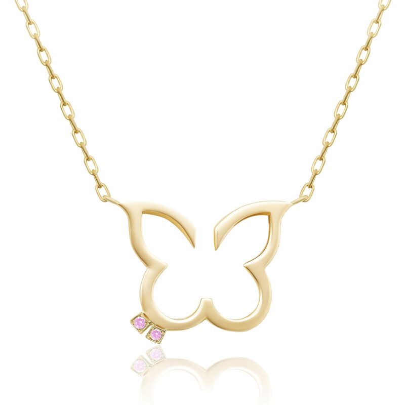 Hurriyah Necklace by Yataghan Jewellery with yellow gold chain and bold gold pendant, accented by two pink gemstones and polished finish.