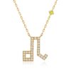Gold horoscope necklace for Leo with a green square stone and sparkling white stones set in a pendant design.