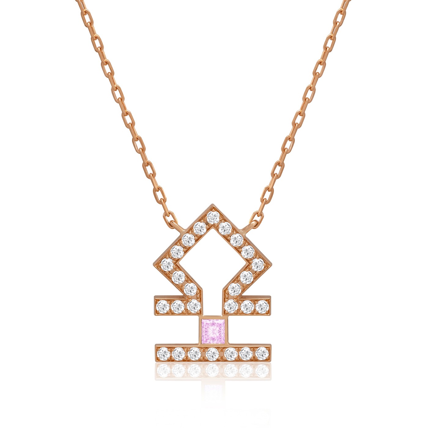 قلادة برج الميزان من Yataghan Jewellery بسلسلة ذهبية وردية وحلية حجر وردي محاطة بأحجار لامعة.