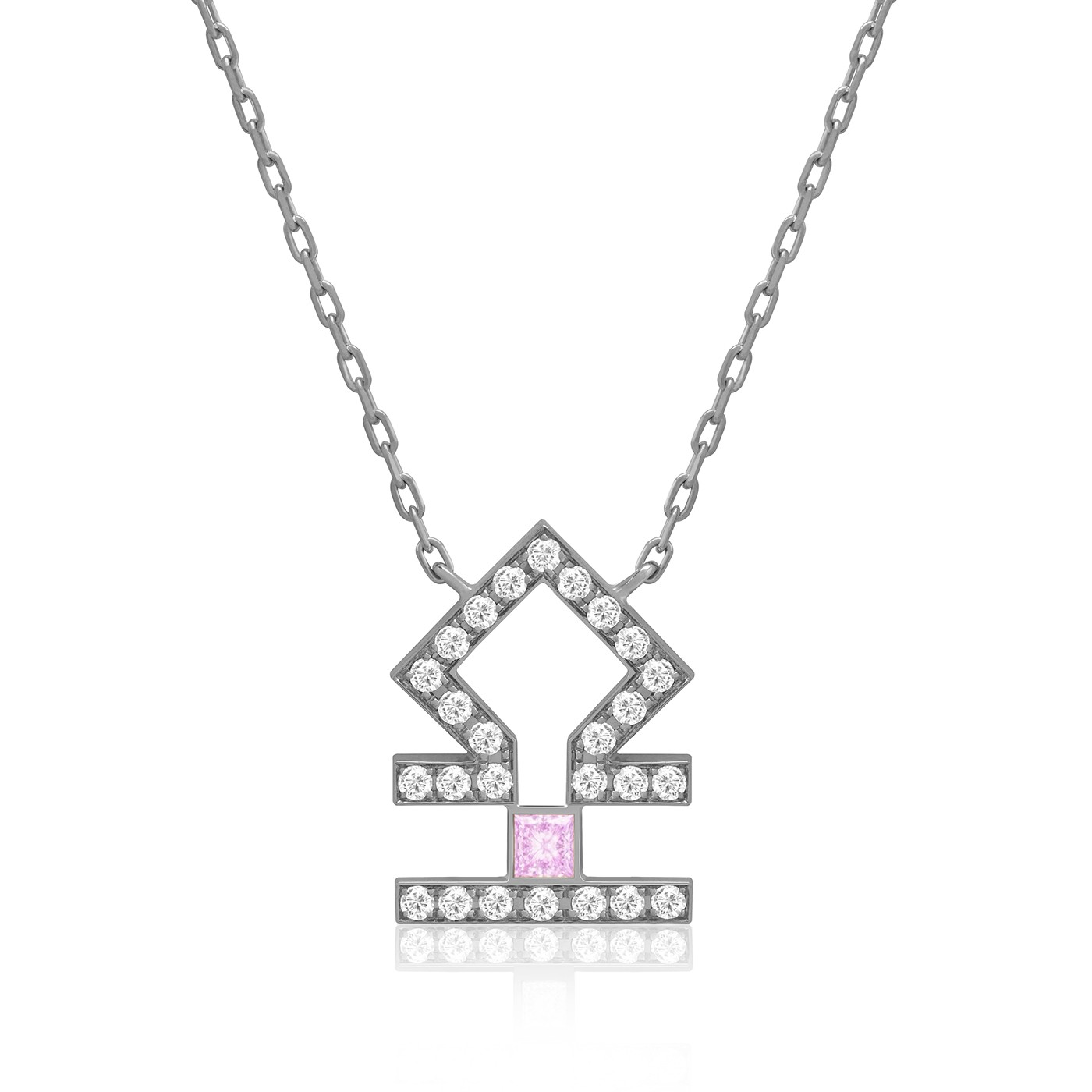 A silver Libra horoscope necklace with round sparkling stones and a pink center crystal on the pendant, with a linked chain.