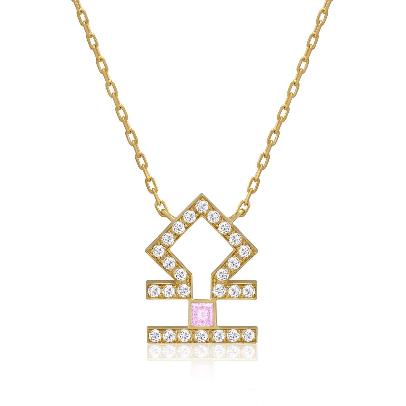 Gold-tone Horoscope Necklace (Libra) with a Libra pendant, round stones, and a soft pink center, on a delicate chain.