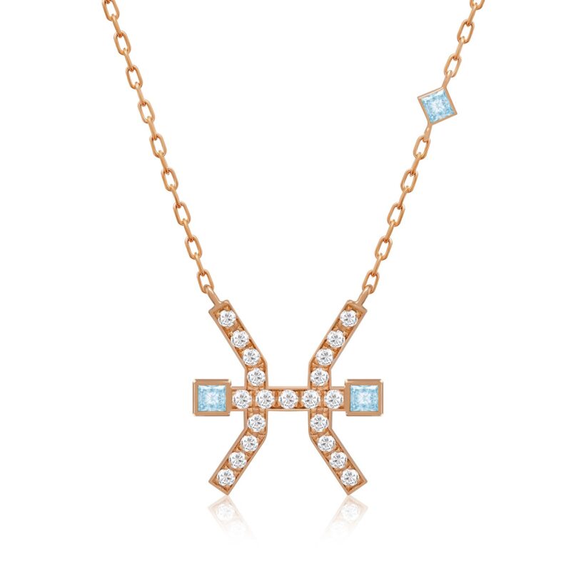 سلسال Horoscope Necklace (Pisces) من Yataghan Jewellery بسلسلة ذهبية ومعلّق على شكل حظ/برج مع مربعات زرقاء سماوية وأحجار زركون لامعة.