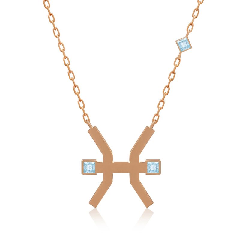 A rose-gold Horoscope Necklace (Pisces) with a turquoise inlay cross pendant and square stones, linked by an elegant chain.