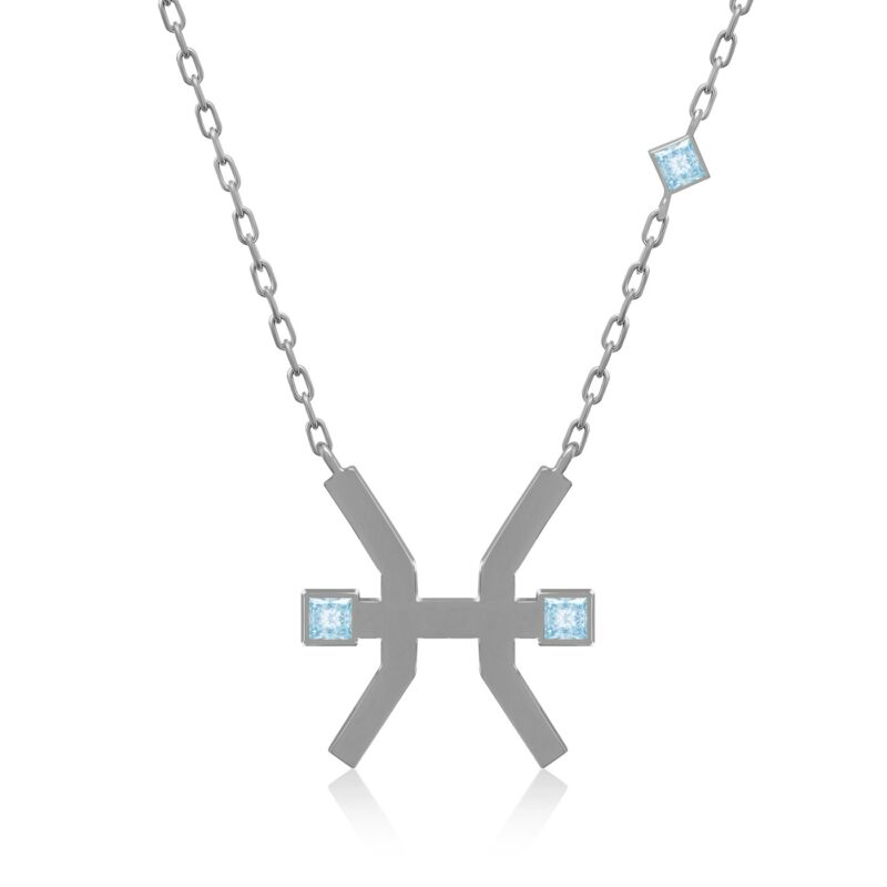 سلسلة فضية بقلادة Horoscope Necklace (Pisces) بنقش برج الحوت، مع حجرين مربّعين أزرق تركواز يلمعان على شكل رمزي