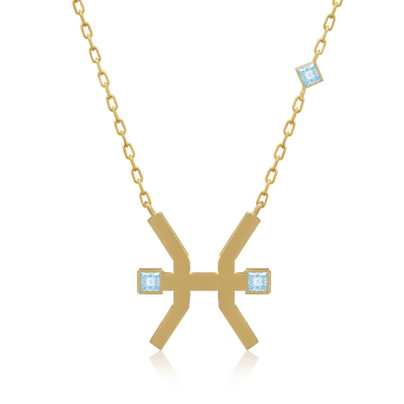 Horoscope Necklace (Pisces) by Yataghan Jewellery with gold chain and turquoise accents, featuring the Pisces zodiac motif in a modern burji style.