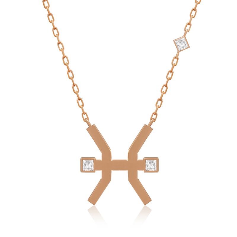 Gold-tone Horoscope Necklace (Pisces) with a cross pendant and white stones, connected by a classic chain from Yataghan Jewellery.