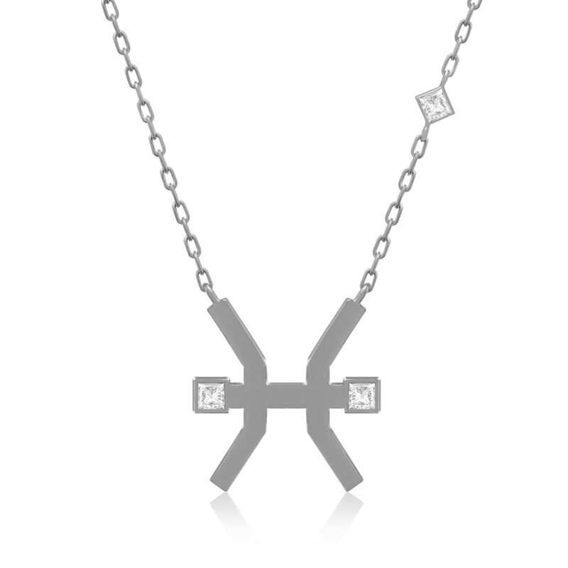 Pisces horoscope necklace with a silver pendant and square stone details, set on a sleek chain against a clean white background