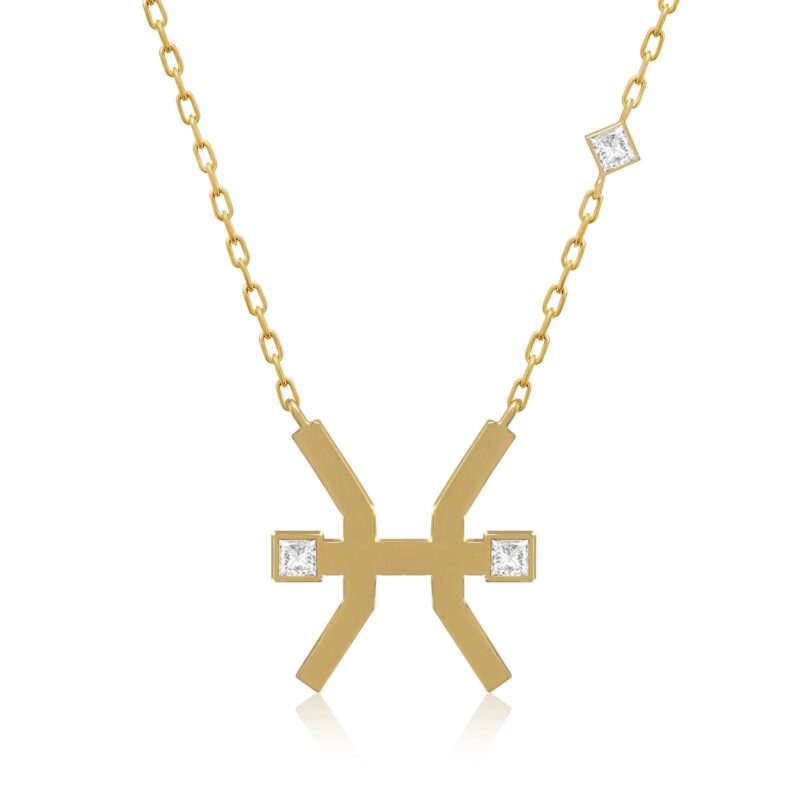 Gold-tone Horoscope Necklace (Pisces) by Yataghan Jewellery with a cross pendant and square crystal stones on a chain.