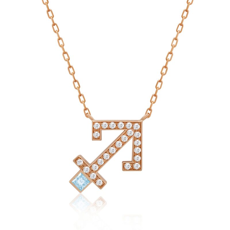 Gold-tone Horoscope Necklace (Sagittarius) with aquamarine blue gemstone and sparkling round stones on a delicate chain