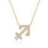 Gold Horoscope Necklace (Sagittarius) by Yataghan Jewellery with aquamarine square stone and round diamond accents on a chain.