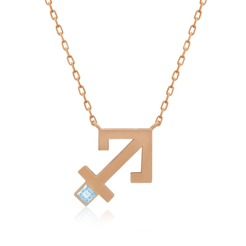 Gold-tone chain necklace with a Sagitarius horoscope pendant and an aqua-marine stone, clean geometric design by Yataghan Jewellery.